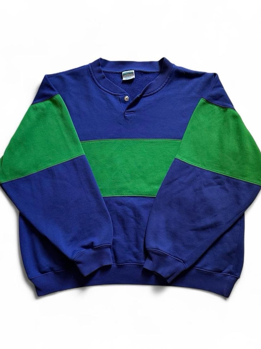 Vintage 1990s Cheetah Men's Blue and Green Colorblock Crewneck Sweater XL